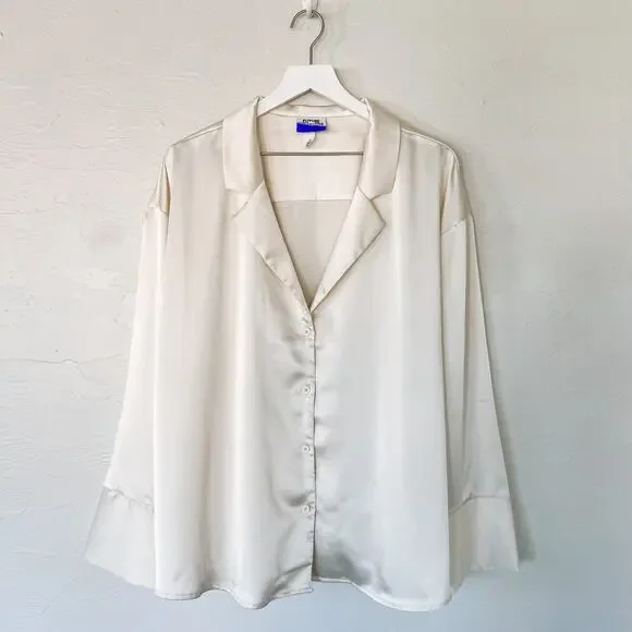 Future Collective Kahlana Barfield Brown White Satin Blouse 1X - Picture 5 of 5